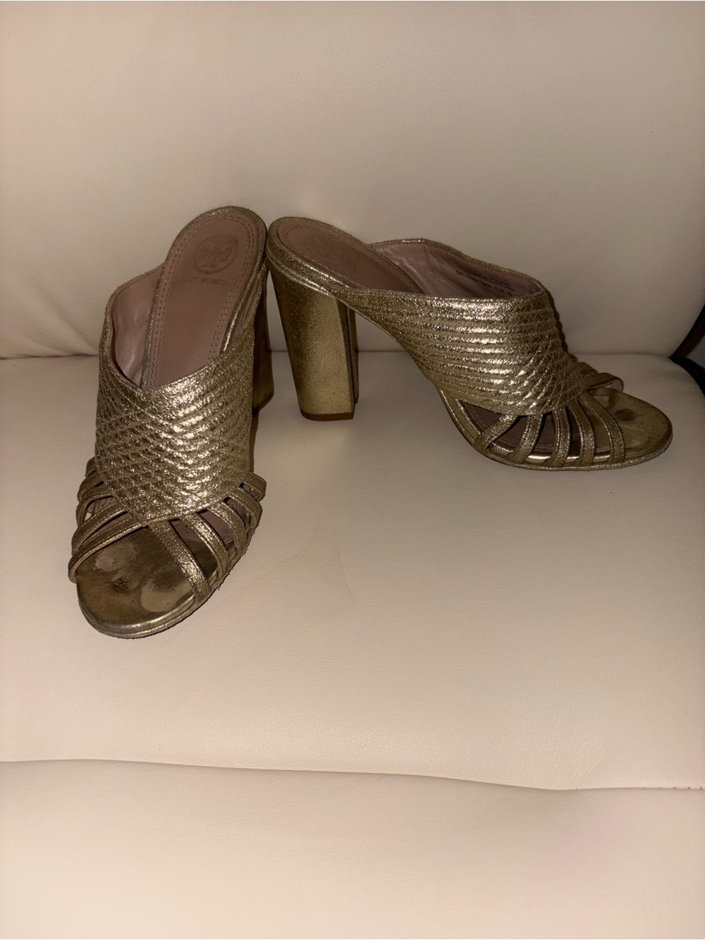 Tory Burch Metallic Gold Woven Slide Mules - Picture 3 of 6